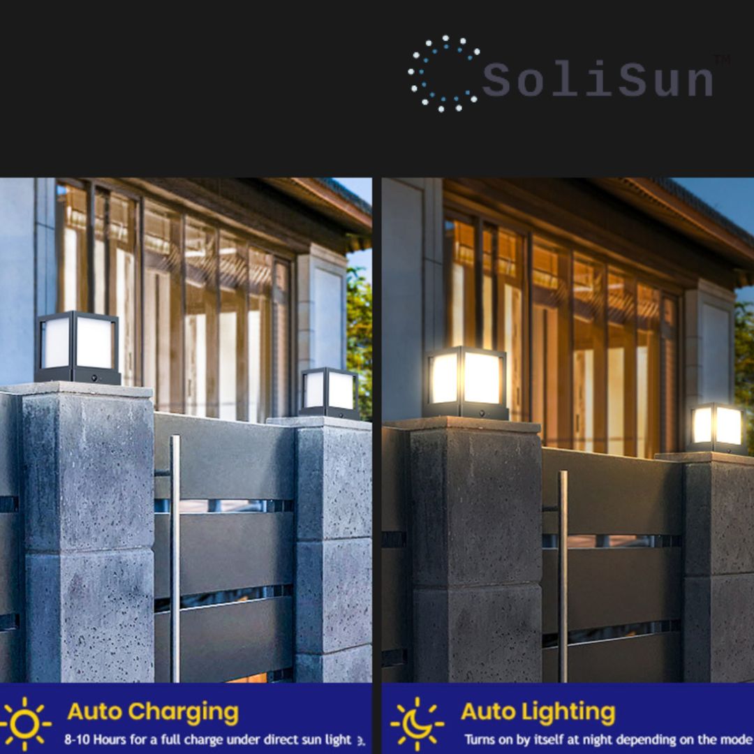 SoliSun outdoor lighting fixture on a stone pillar with building in the background