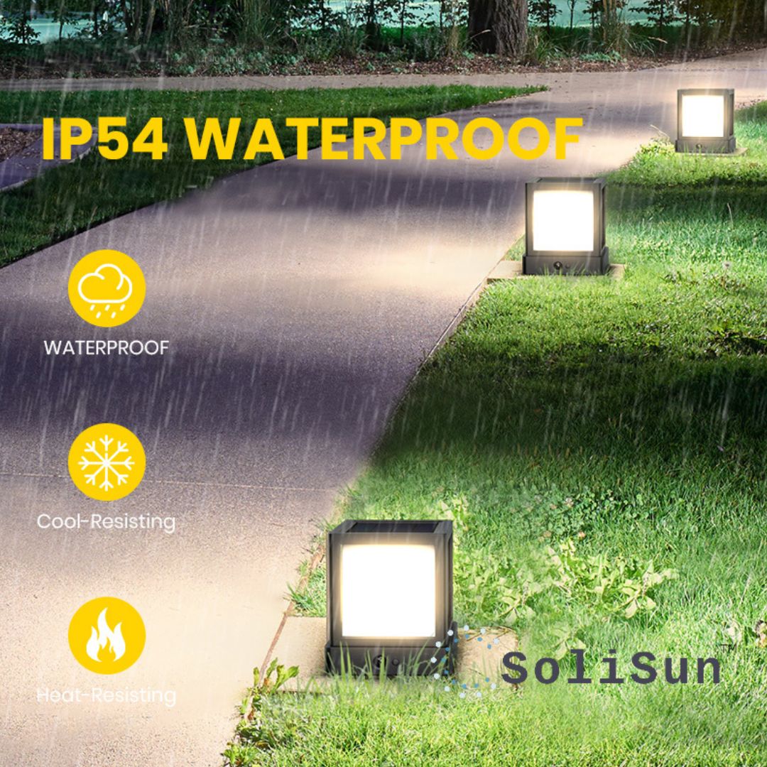 Solar-powered outdoor lights on a grassy area with rain simulation, highlighting waterproof feature.