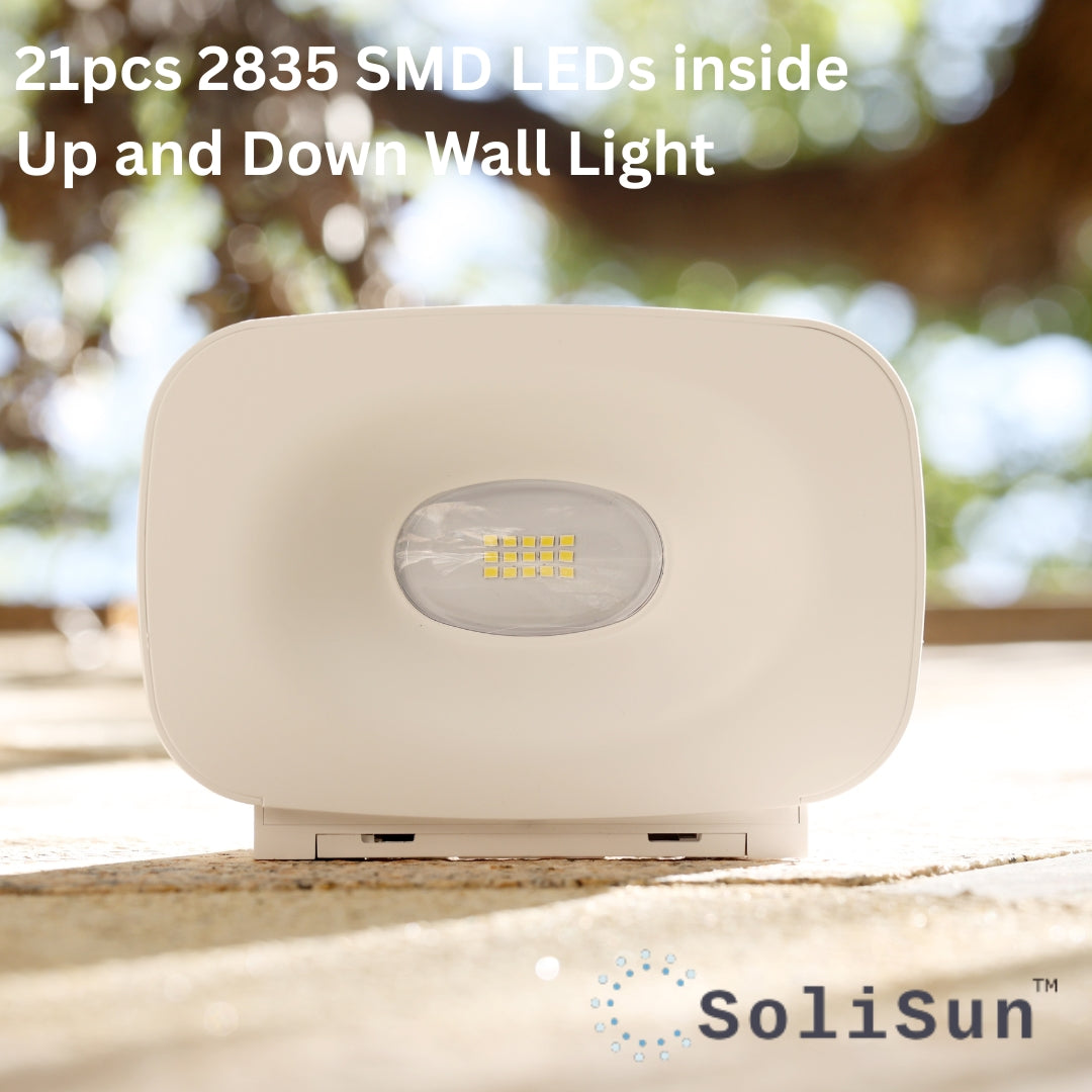 Up and Down Wall Light with SoliSun logo on a blurred natural background