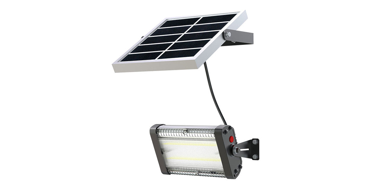 Solar-powered outdoor light fixture with solar panel on a white background