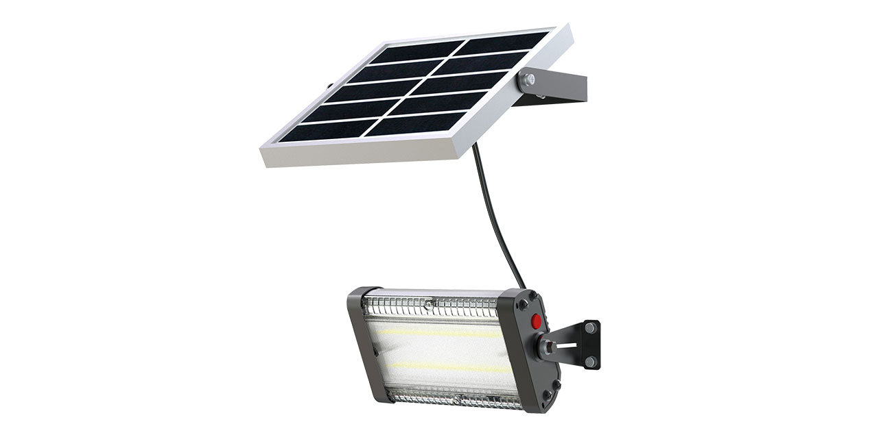 Solar-powered outdoor light fixture with solar panel on a white background