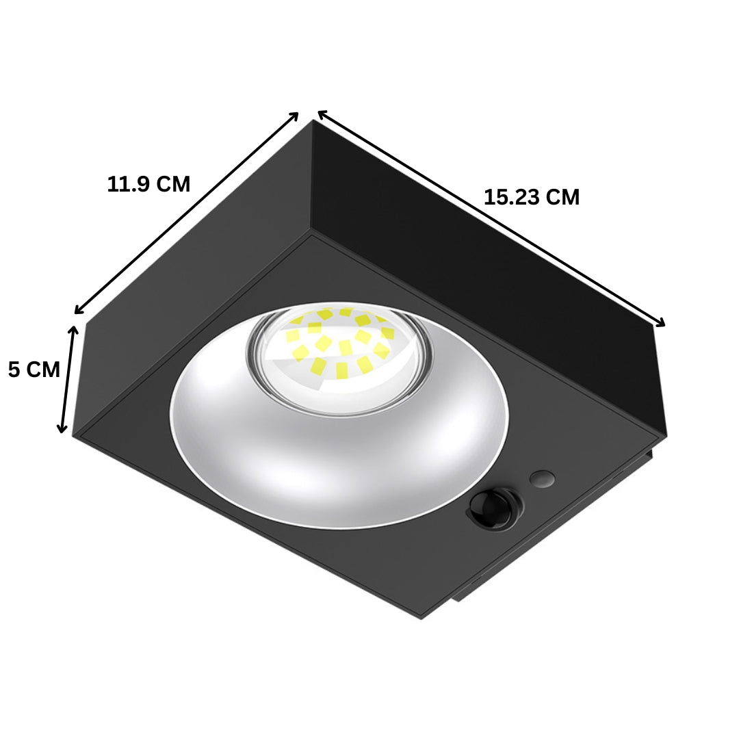 Black square recessed solar light with dimensions labeled on a white background
