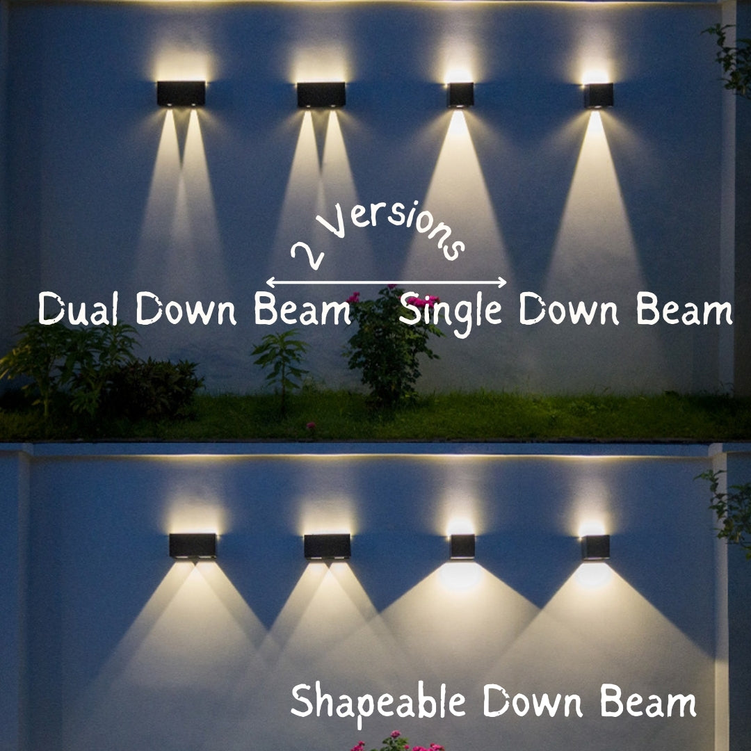 Outdoor wall lights with dual and single down beam options on a wall.