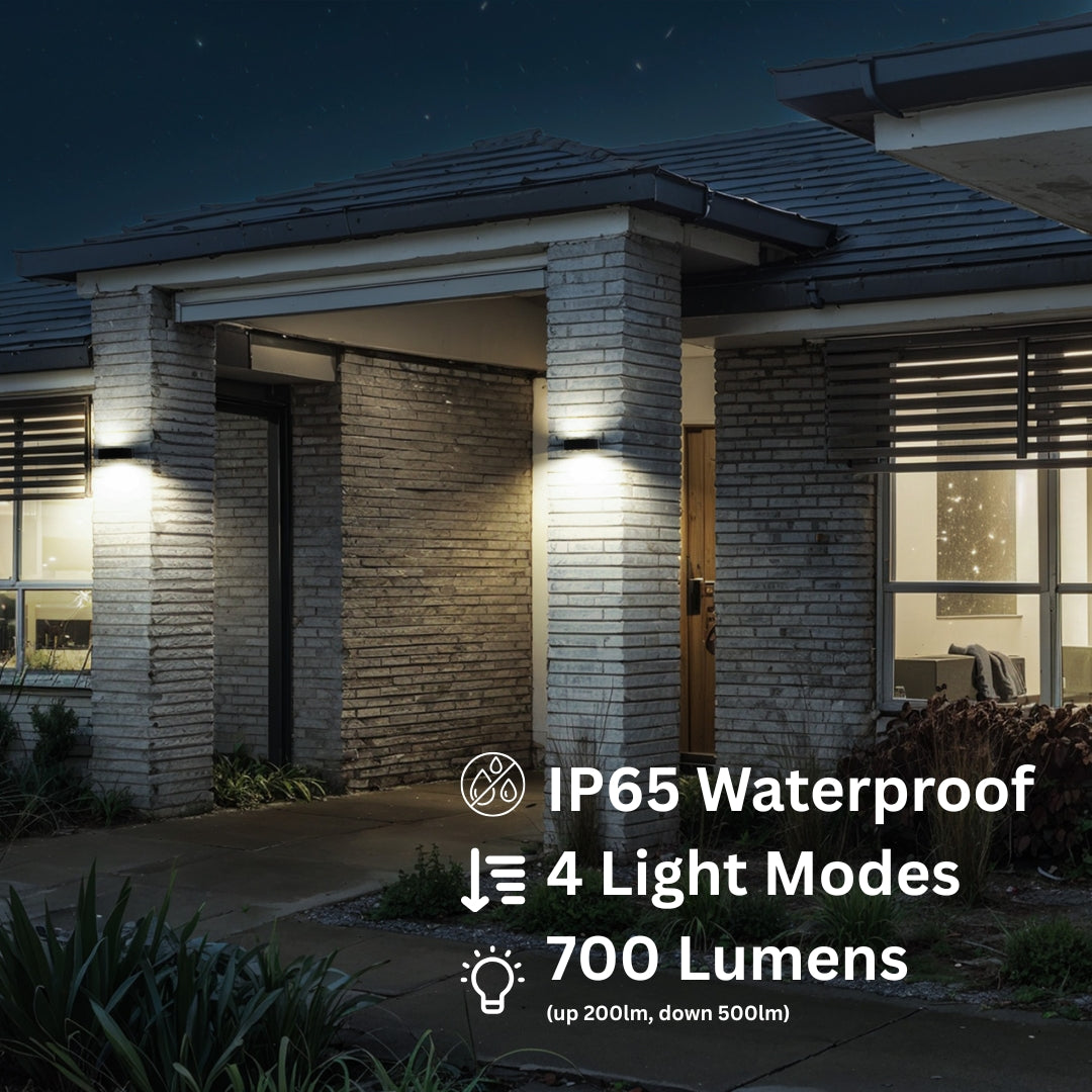 Modern house exterior with illuminated walls and text highlighting waterproof rating, light modes, and lumens.