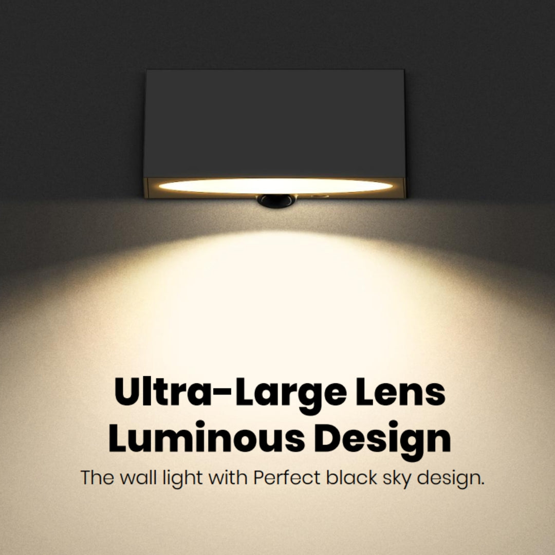 solar wall light fixture with ultra-large lens on a dark background