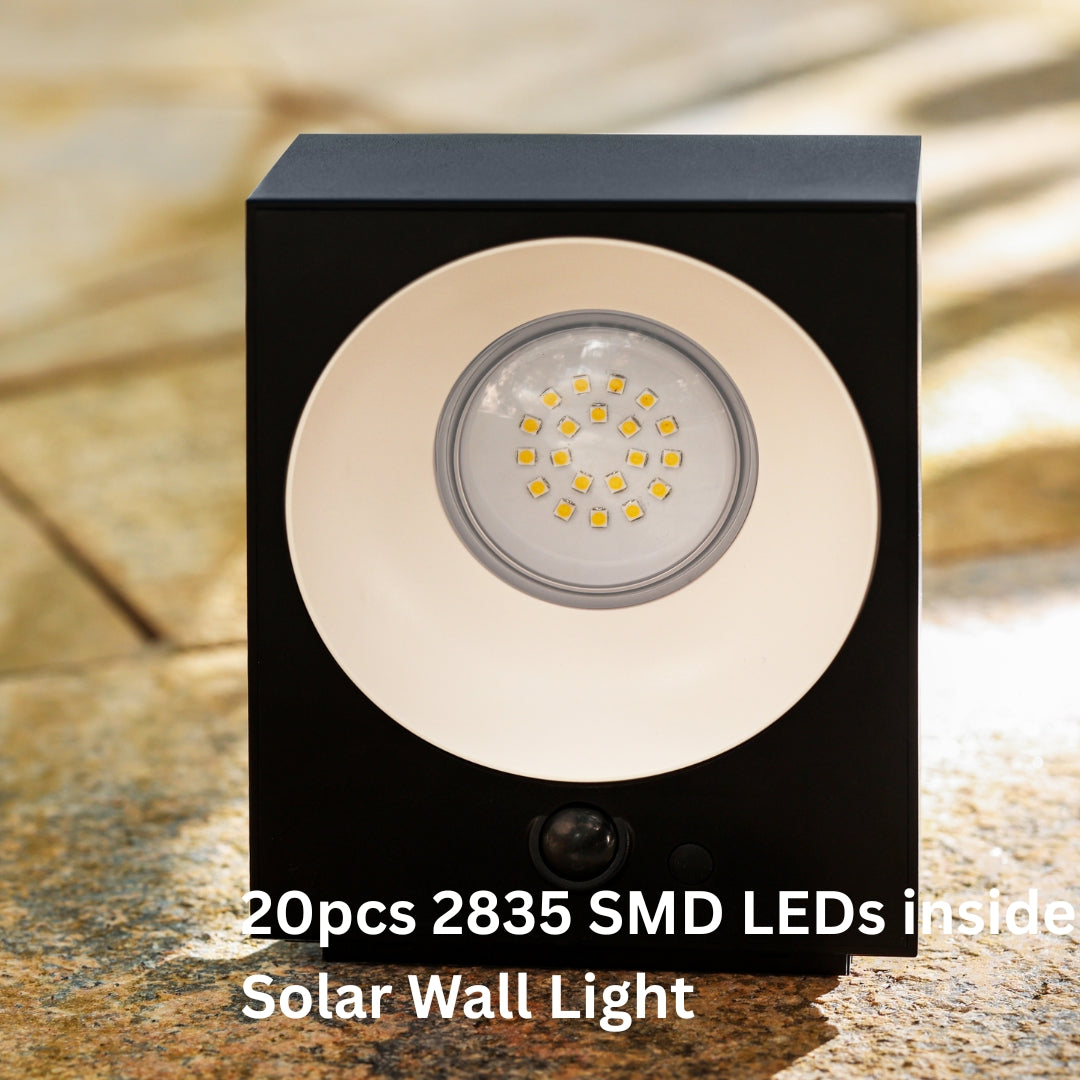 Solar wall light with 20pcs 2835 SMD LEDs on a textured surface showcasing the LED