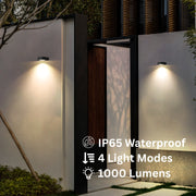 Outdoor solar wall lights on a house exterior with text highlighting features.