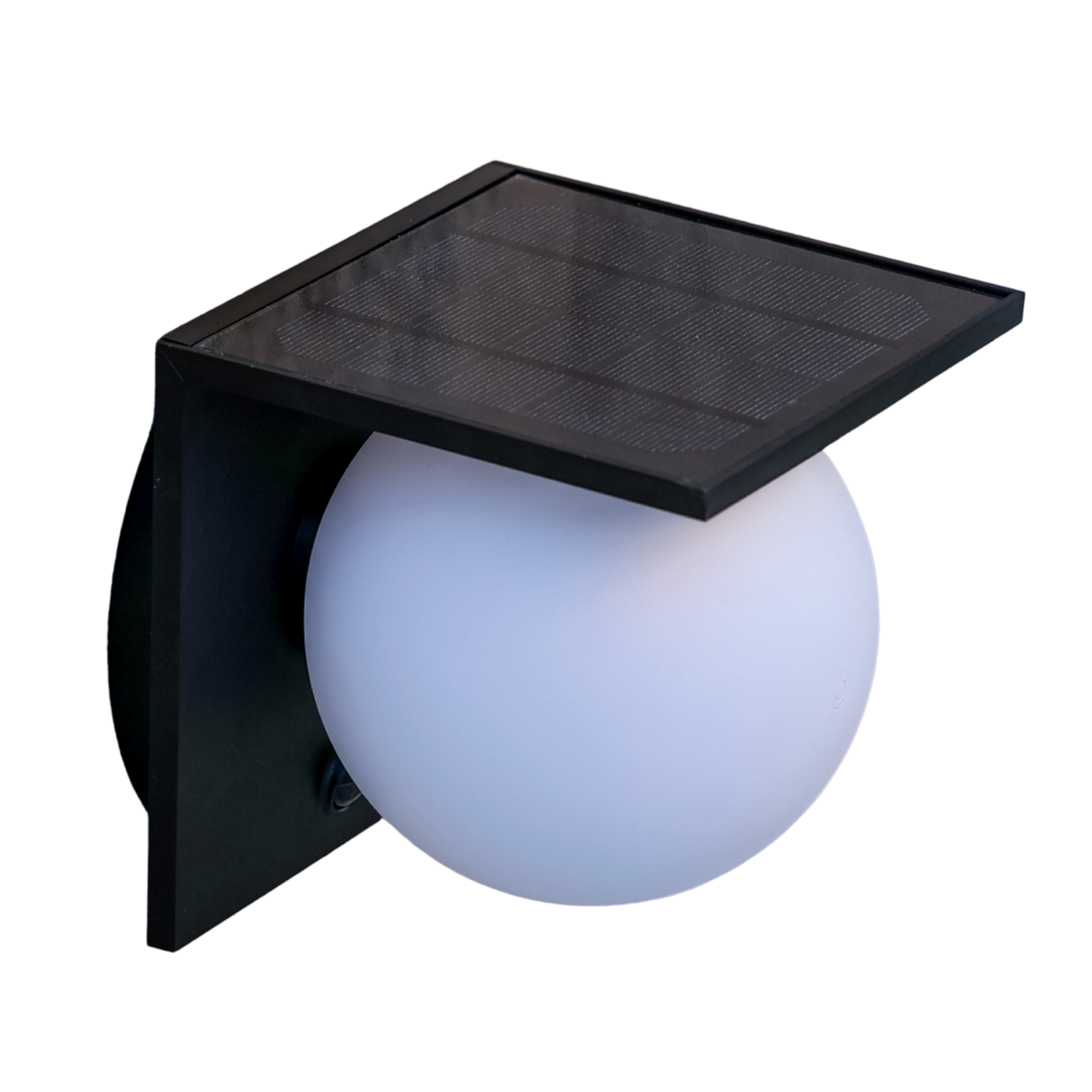 Solar-powered outdoor light fixture with a spherical ball light on a white background