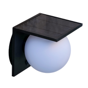 Solar-powered outdoor light fixture with a spherical ball light on a white background