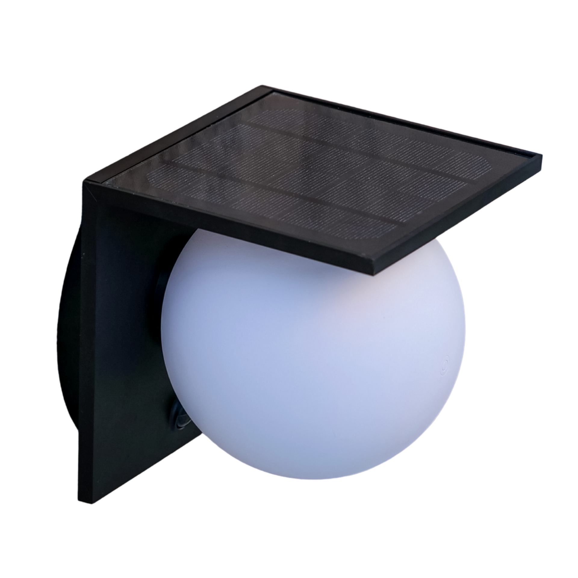 Solar-powered outdoor light fixture with a spherical ball light on a white background