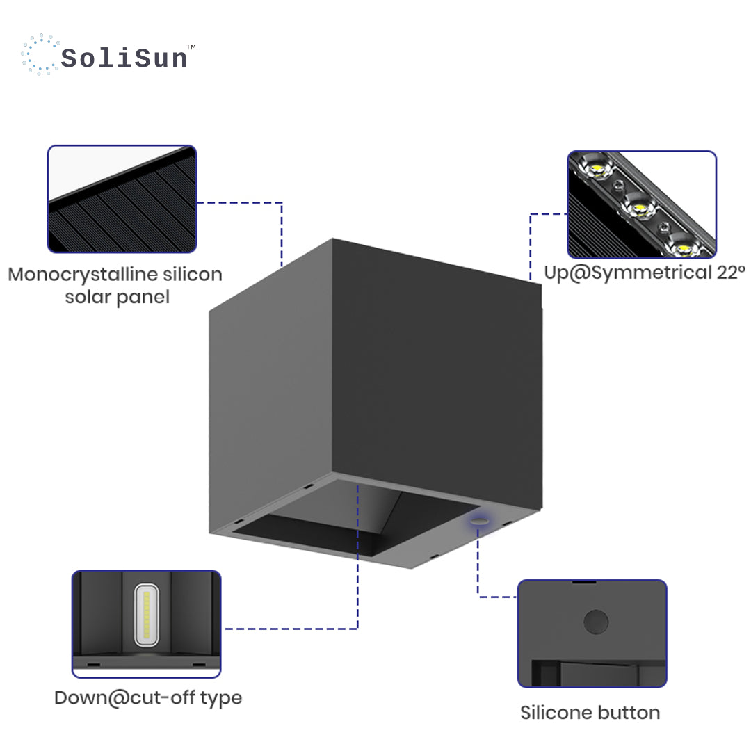 SoliSun outdoor wall light fixture with labeled components on a white background