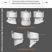 Motion activated high brightness security light with rotation and sliding features on a gray background