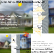 Advertisement for a motion-activated high-brightness security light with text and images of a house and light fixture.
