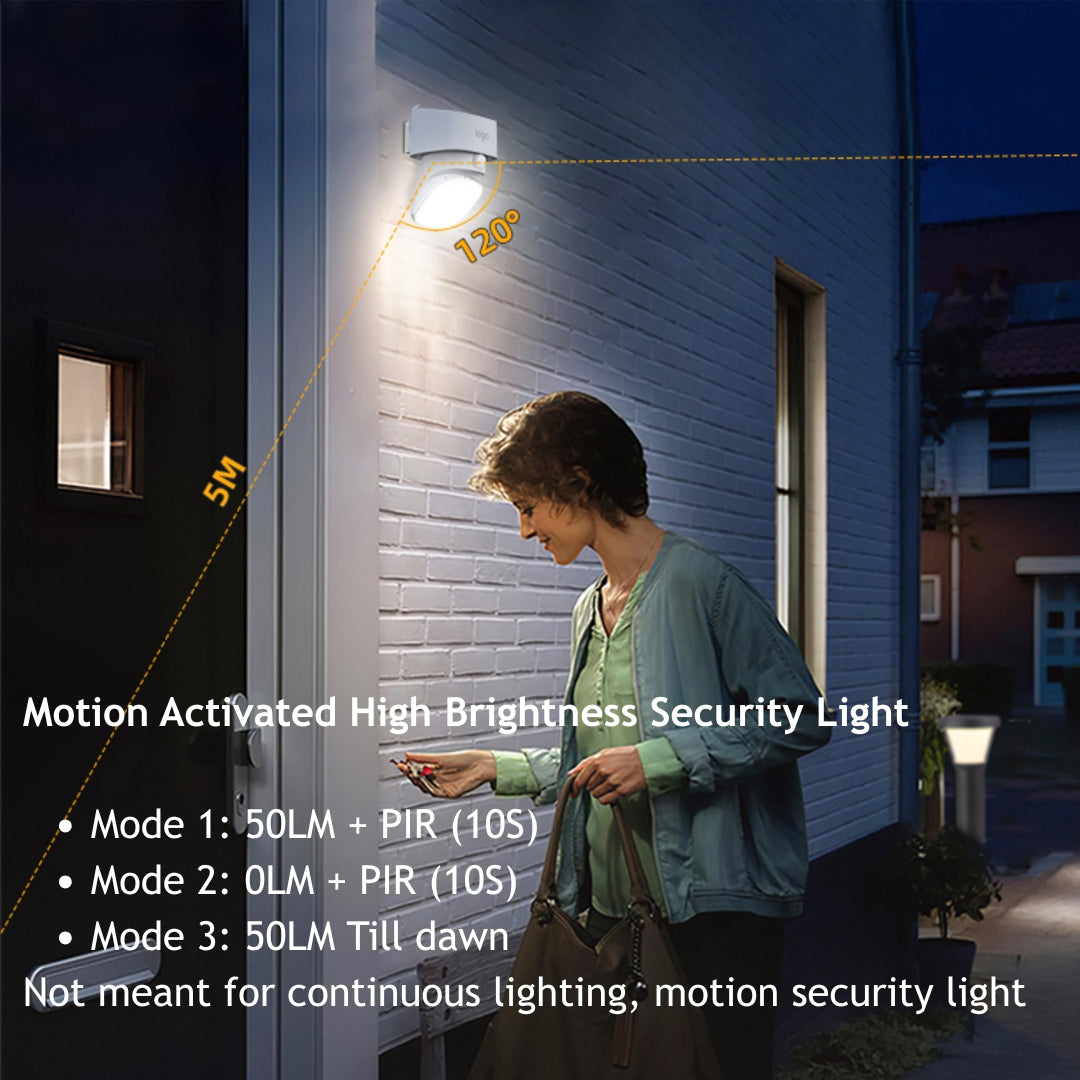 Woman using a smartphone near a motion-activated solar sensor wall light for security purposeson a house exterior.