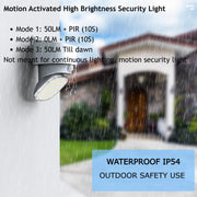 Motion activated high brightness security light on a house exterior with rain, featuring text about light modes and waterproof rating.