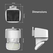 Dimensions of a solar-powered outdoor solar sensor wall light fixture on a gray background