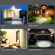 Collage of four images showing different types of outdoor lighting: villa, front door, courtyard, and garage.