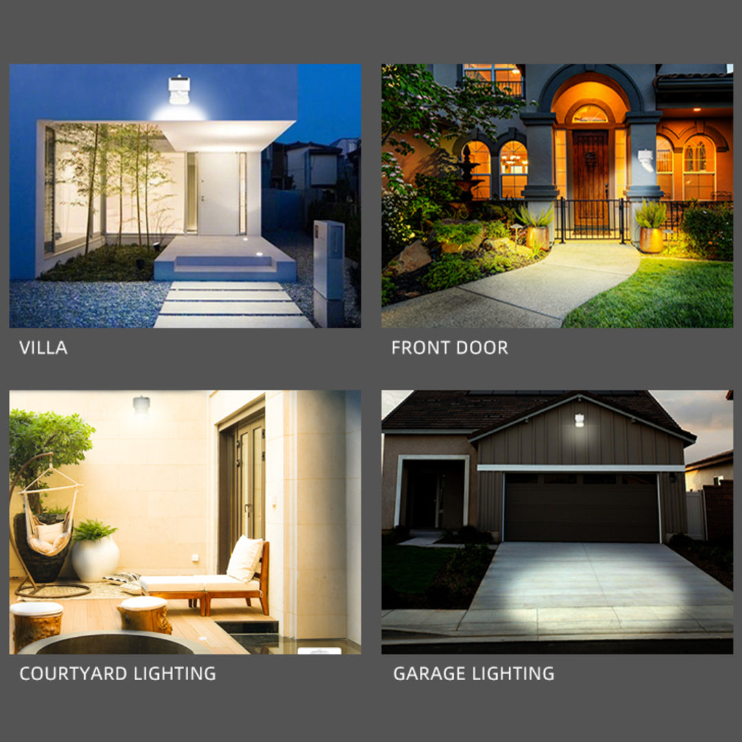 Collage of four images showing different types of outdoor lighting: villa, front door, courtyard, and garage.