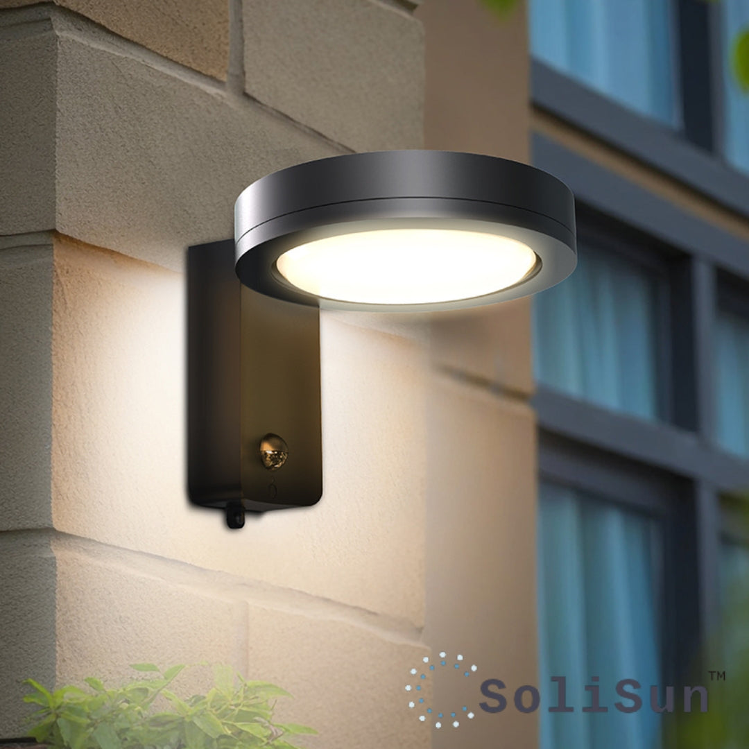Modern solar wall lights mounted on an exterior brick wall