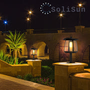 SoliSun solar pillar light with a LED bulb illuminating the outdoor area