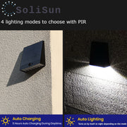 Solar light fixture on a wall with text highlighting 4 lighting modes and features.