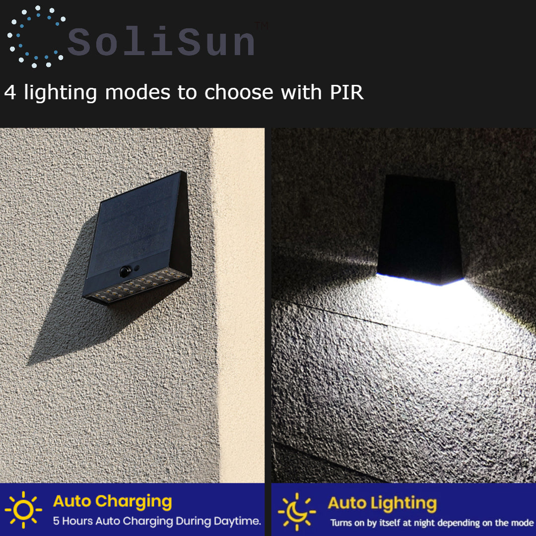Solar light fixture on a wall with text highlighting 4 lighting modes and features.