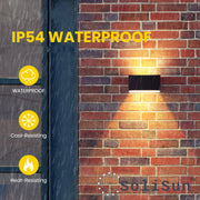 Wall-mounted solar up and down light fixture on a brick wall with waterproof and heat-resistant features highlighted.