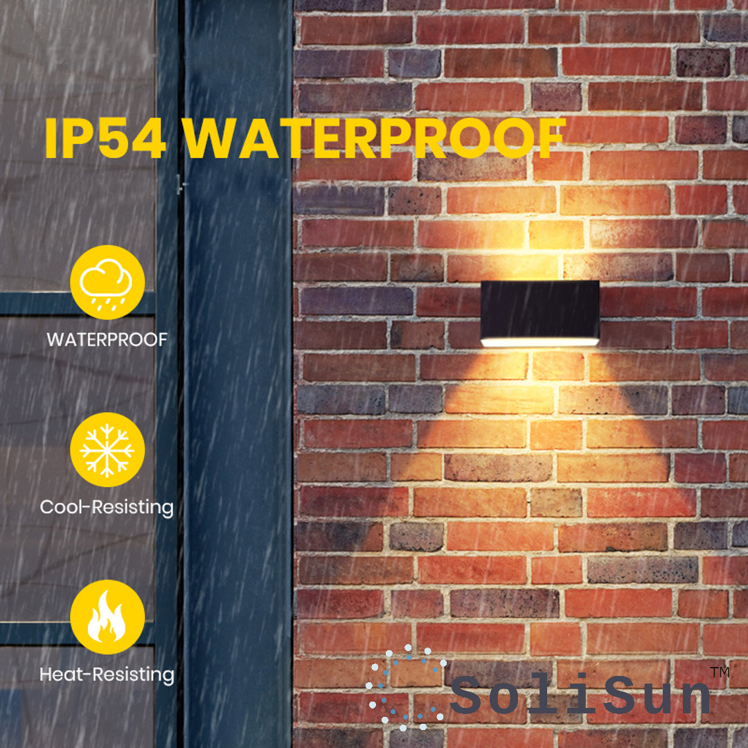 Wall-mounted solar up and down light fixture on a brick wall with waterproof and heat-resistant features highlighted.